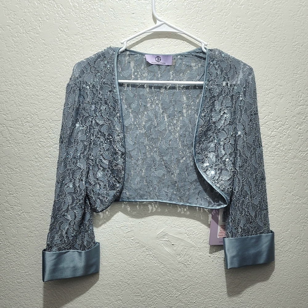 NWT J S Collections W Size 8 Blue shrug cover long sleeve lace sparkly sequins